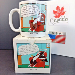 BOXED 1988 Vintage The Far Side Funny Ceramic Coffee Mug Dial a Cat Gary Larson